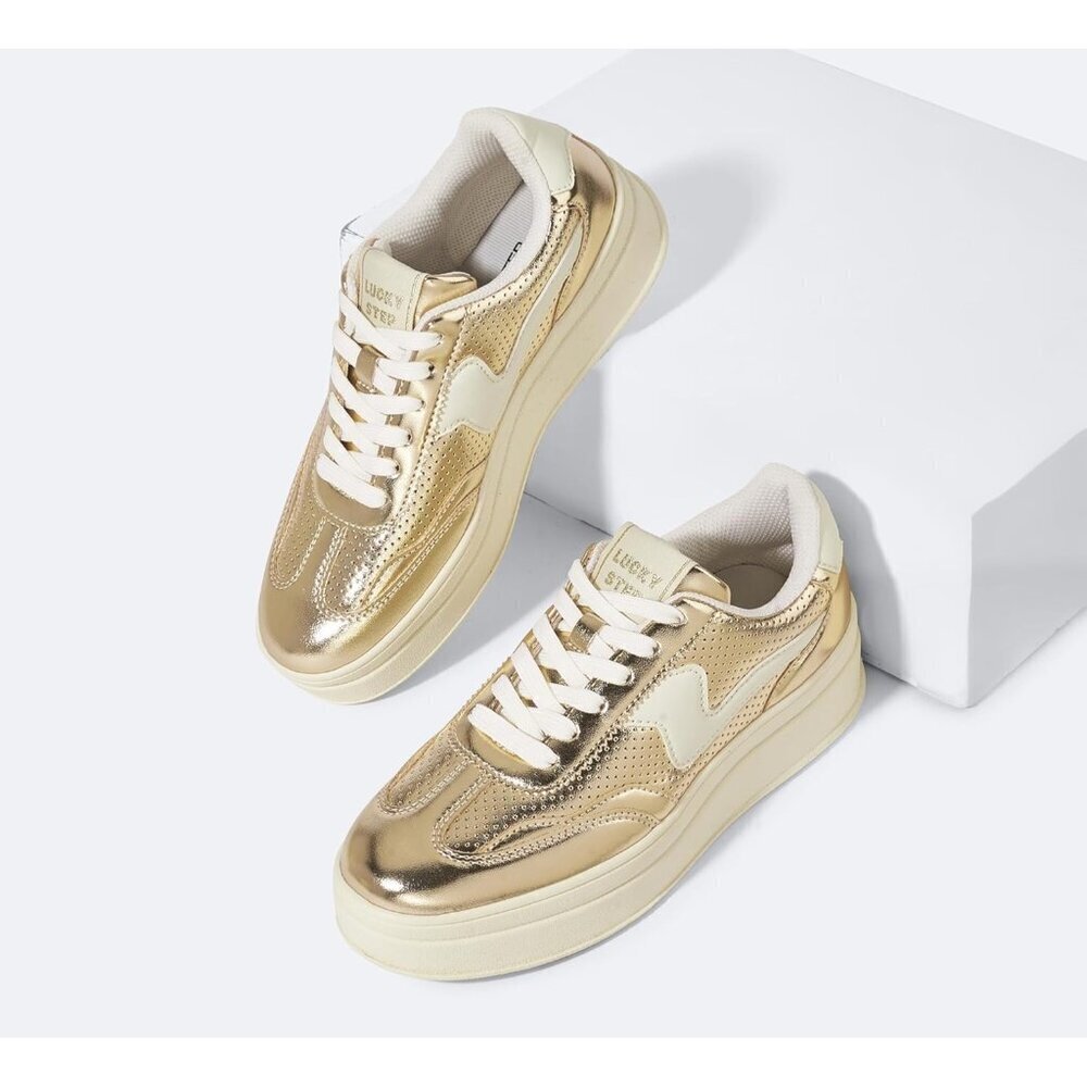 Women Platform Gold White Sneaker Thick Sole Suede Leather Low Top Walking Shoes - Picture 4 of 9